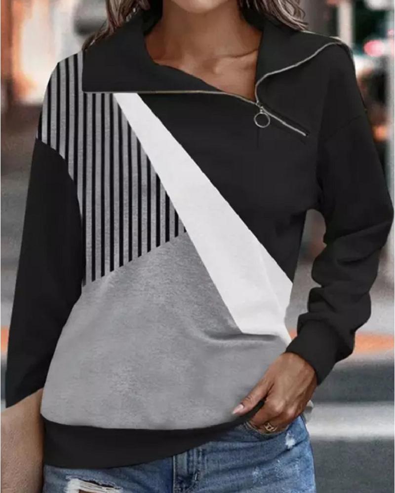 

Geometric Print Zipper Detail Casual Sweatshirt, Gray