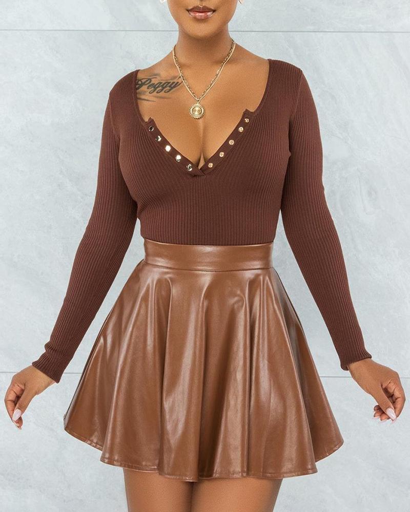 

Ribbed Long Sleeve Top & PU Leather Ruched Skirt Set, Coffee