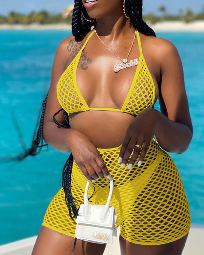 

Halter Hollow-out Bikini Set With Cover Up Shorts, Yellow