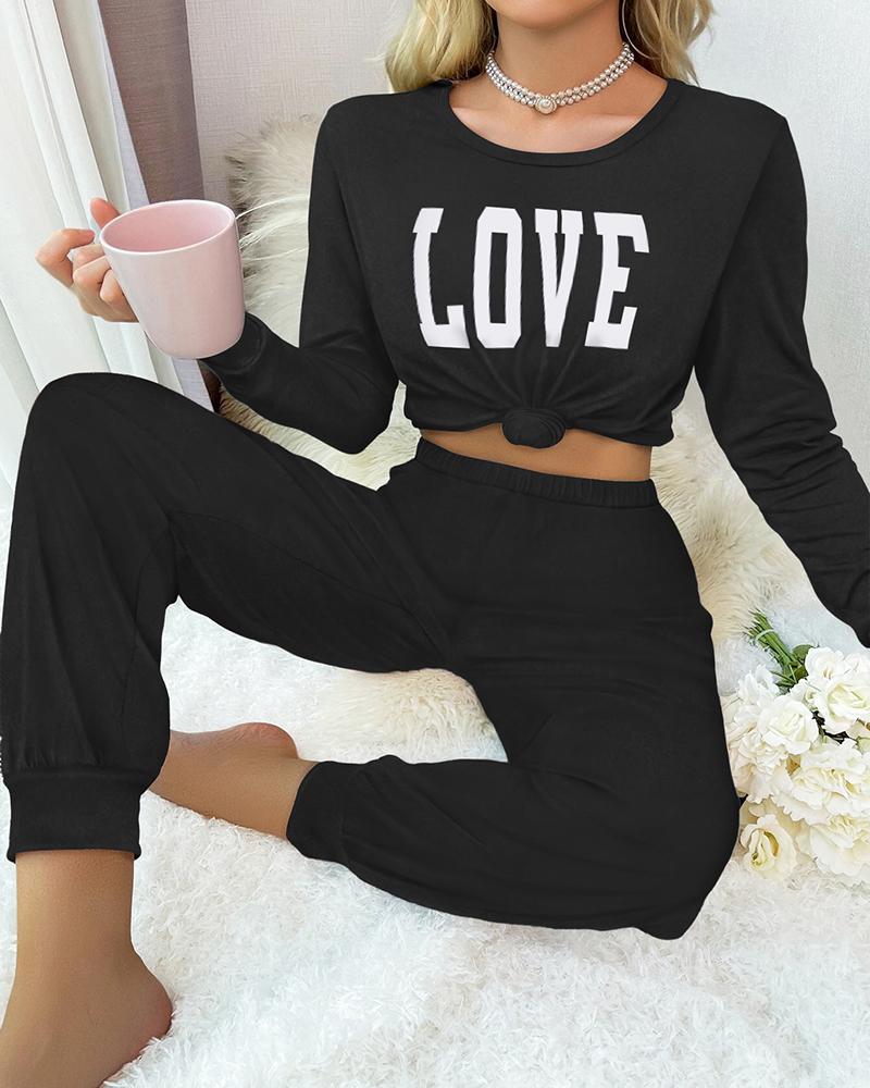 

Love Letter Print Round Neck Pajamas Set, Black
