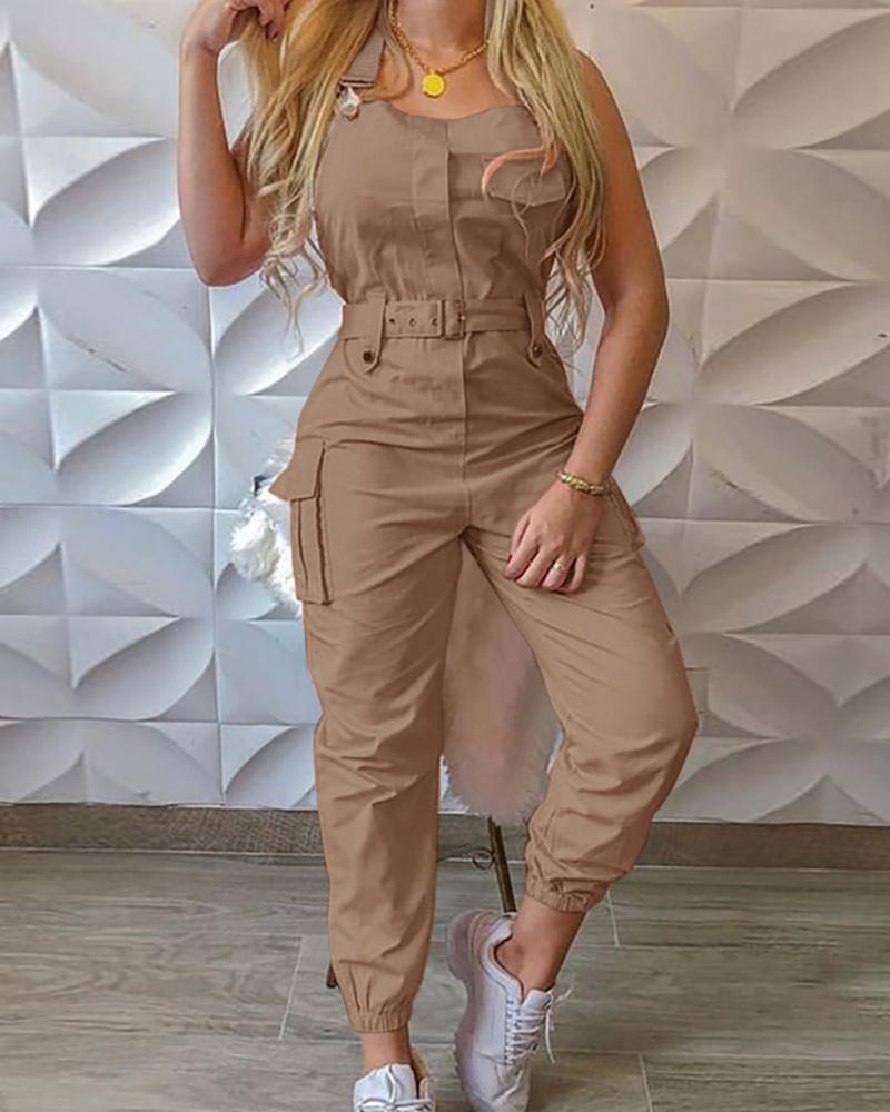 

Pocket Buckle Design Cargo Suspender Jumpsuit, Khaki