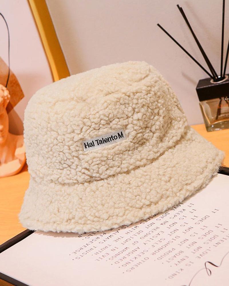 

Letter Embroidery Fluffy Winter Thermal Bucket Hat, Beige
