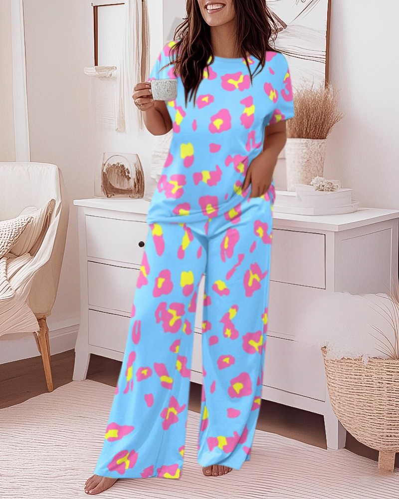 『 Pink Leopard family 』by Zuberi 60*60cm Pink Leopard Print Wide Leg Pajamas Set