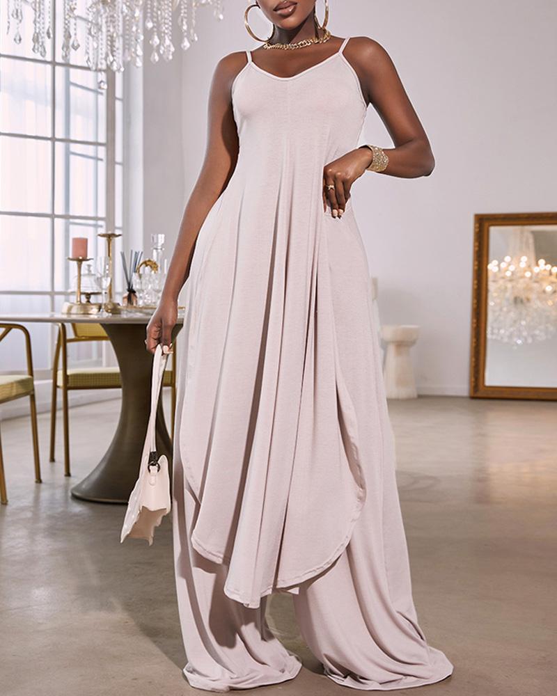 

Ruched Asymmetrical Top & Wide Leg Pants Set, Light gray