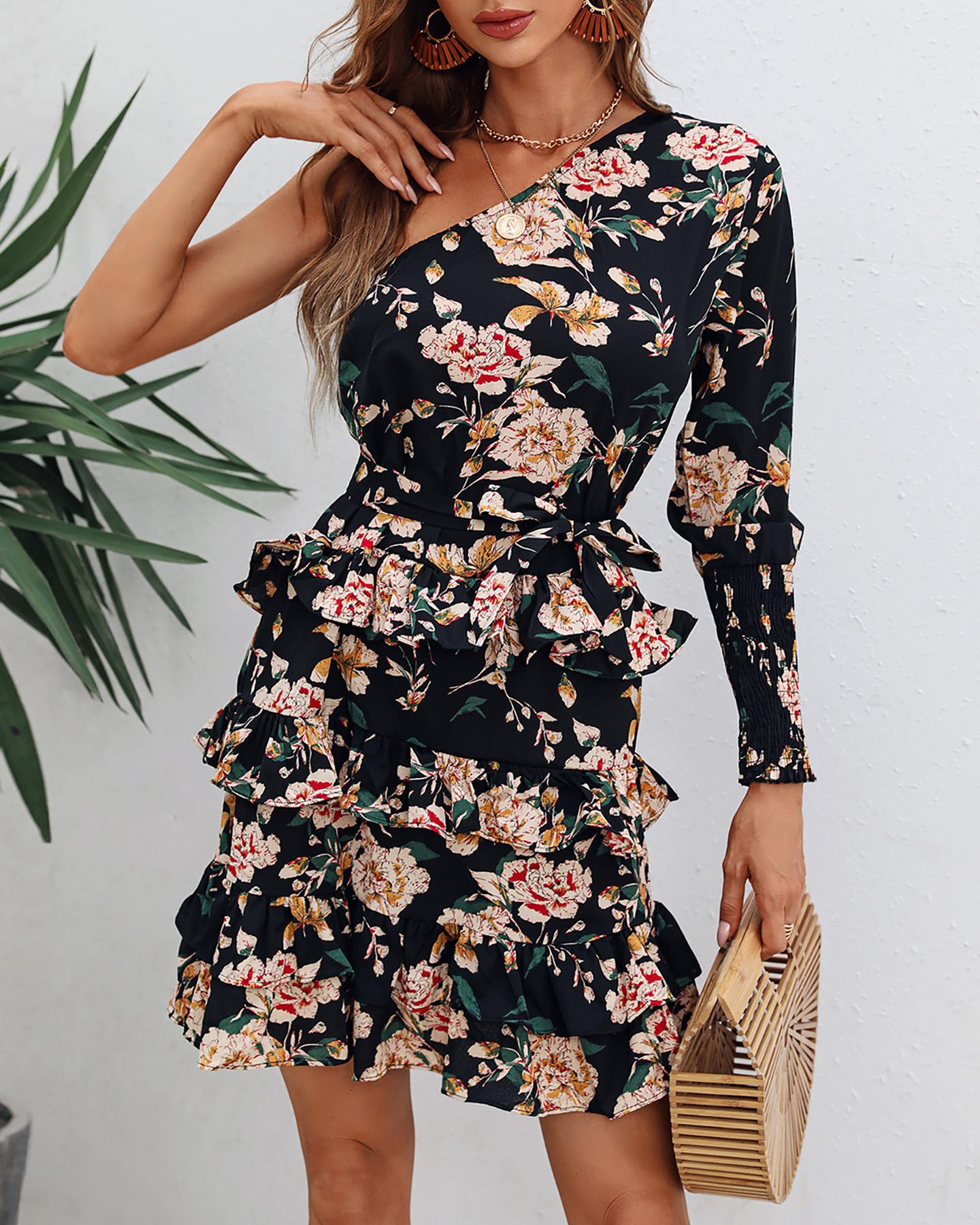 

Floral One Shoulder Mini Dress, Black