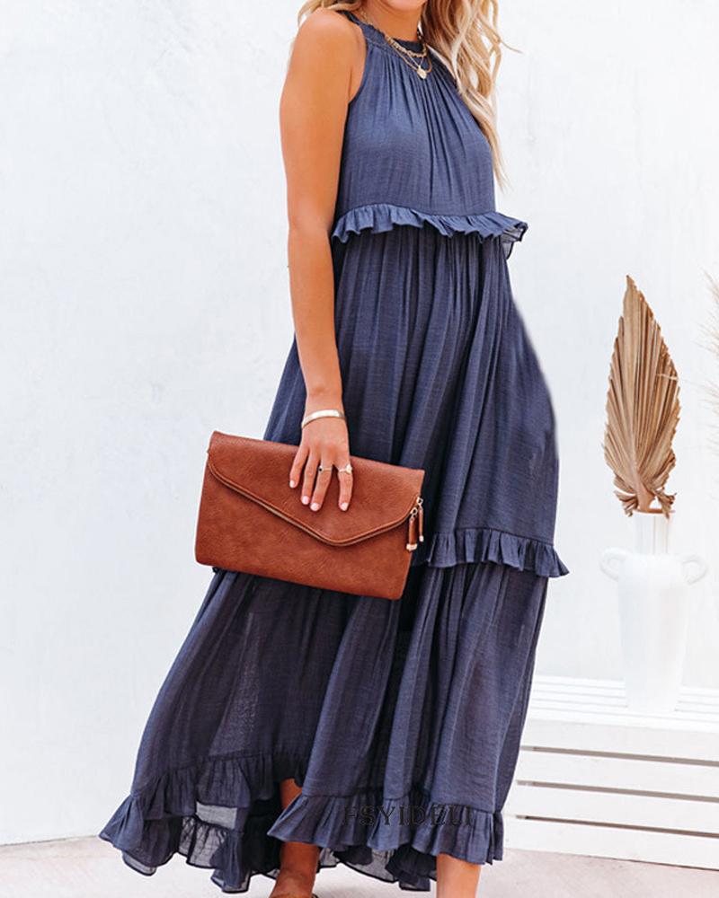 

Halter Sleeveless Ruffle Hem Maxi Swing Dress, Blue