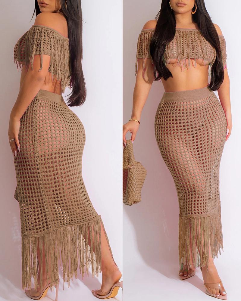 

Tassel Design Crochet Cover Up Top & Maxi Skirt Set, Khaki