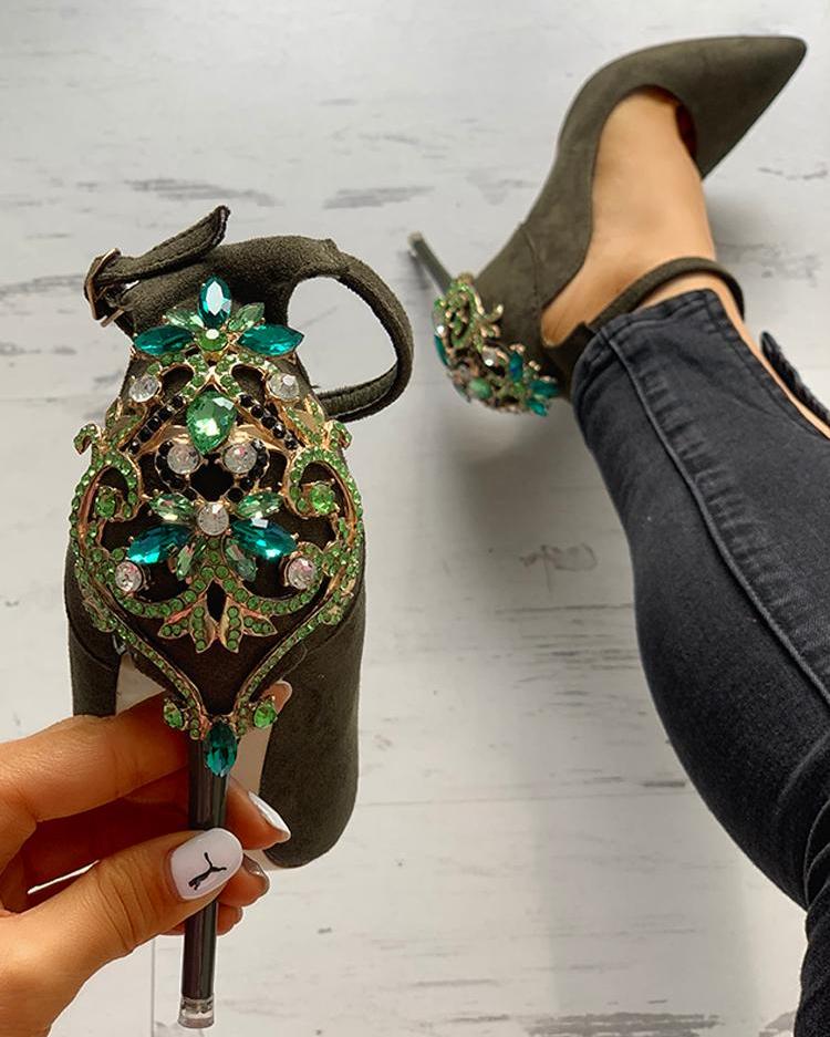 

Gem-Studded Pointed Toe Ankle Strap Heels, Green