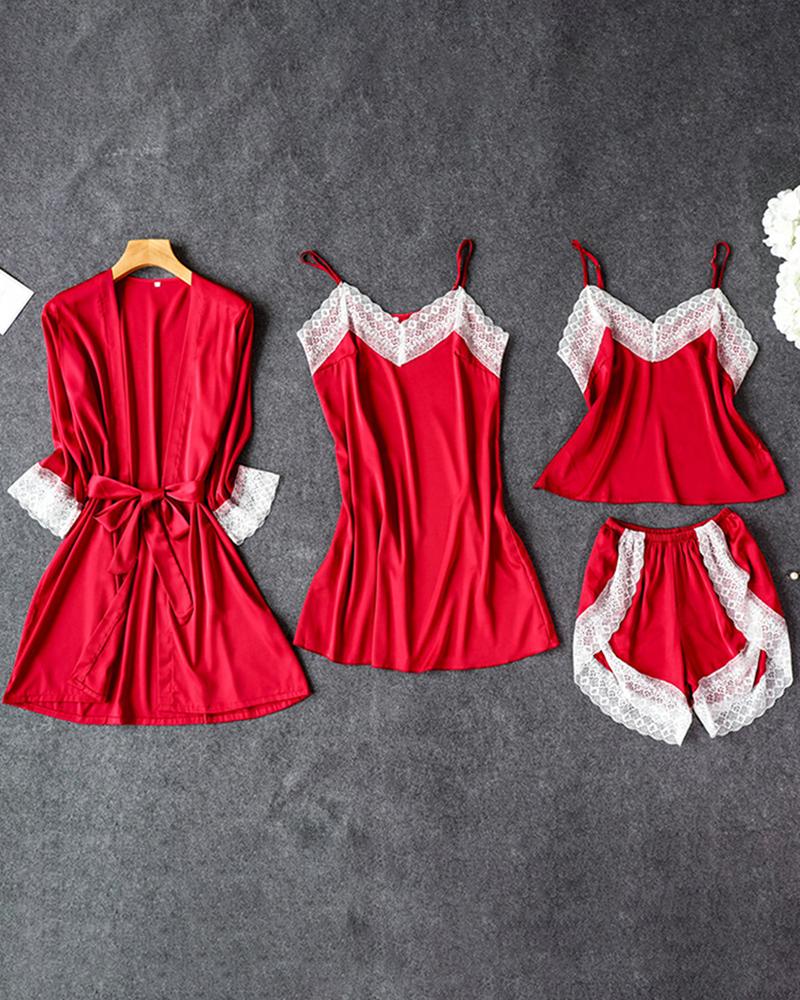 

Satin Lace Trim 4PCS Sleepwear Sets, Red