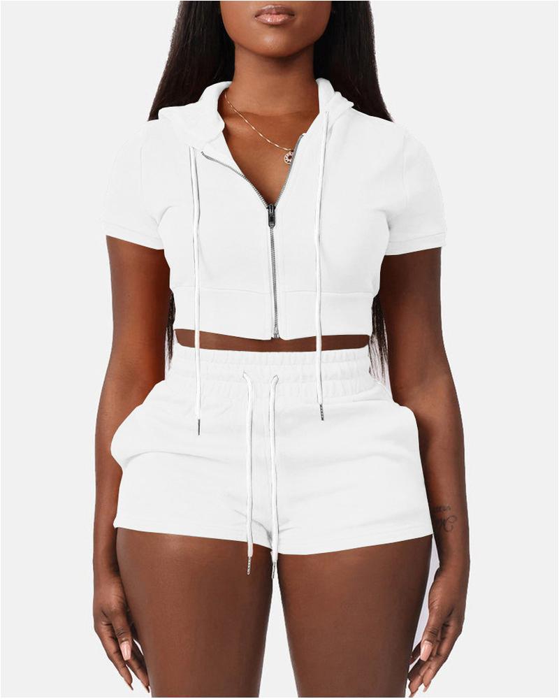 

Zipper Design Hooded Top & Drawstring Shorts Set, White