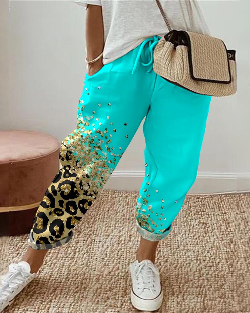 

Contrast Leopard Print Drawstring Cuffed Pants, Blue