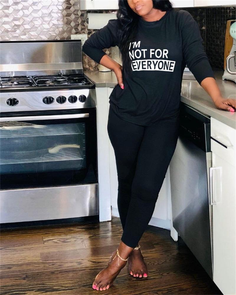 

Letter Print Long Sleeve Top & Pants Set, Black