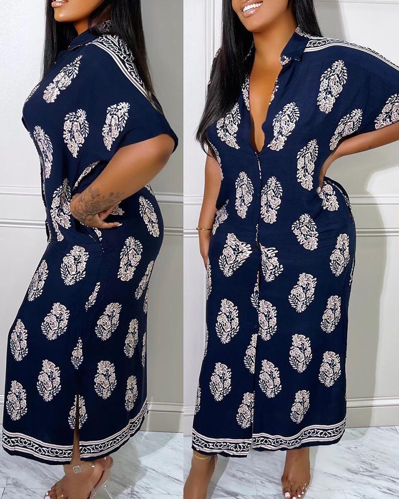 

Allover Print Short Sleeve Maxi Dress, Blue