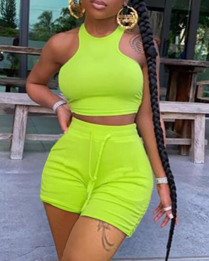 

Sleevless Crop Top & Drawstring High Waisted Shorts Set, Green