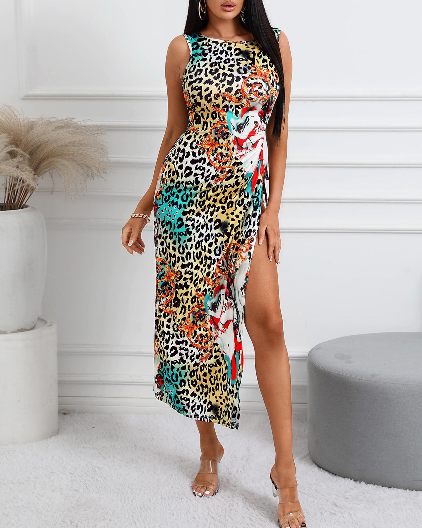 

Animal Leopard Print High Slit Maxi Dress, Brown