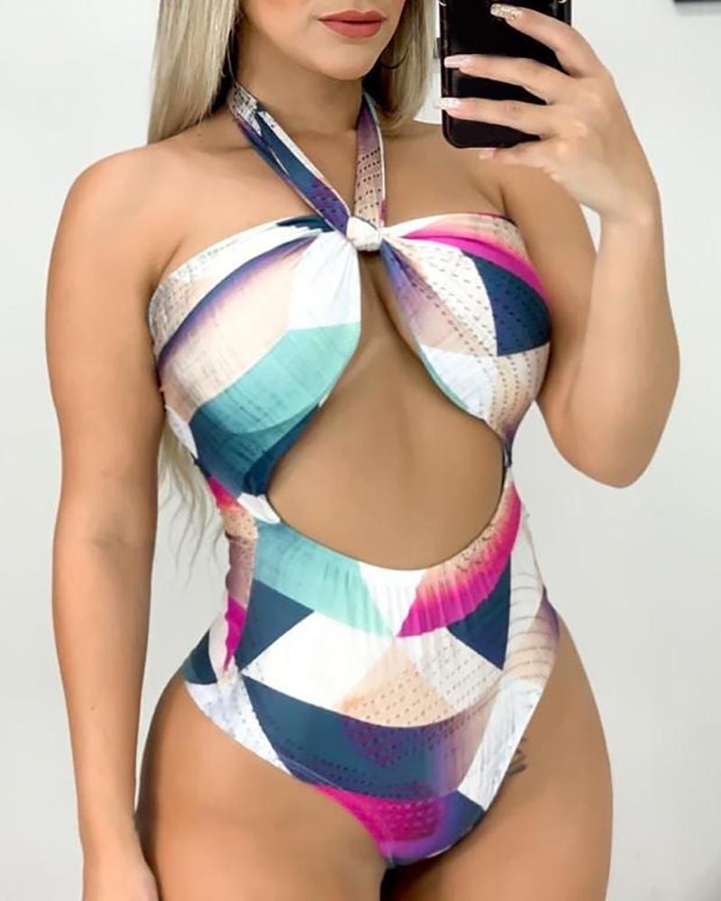 

Cutout Front Halter One Piece Swimsuit, Multicolor