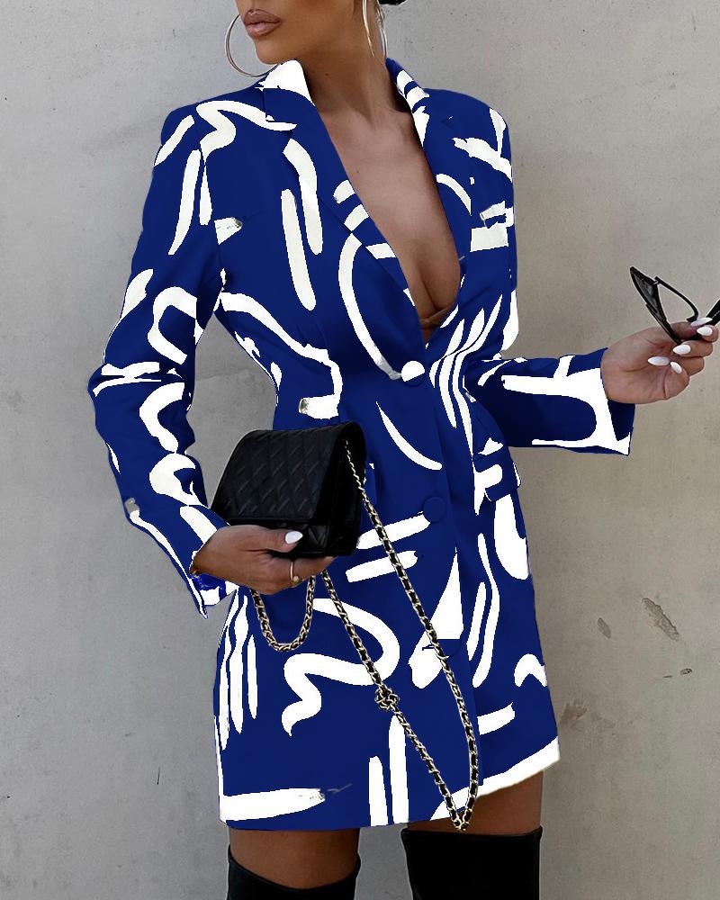 

Abstract Print Long Sleeve Blazer Dress, Blue