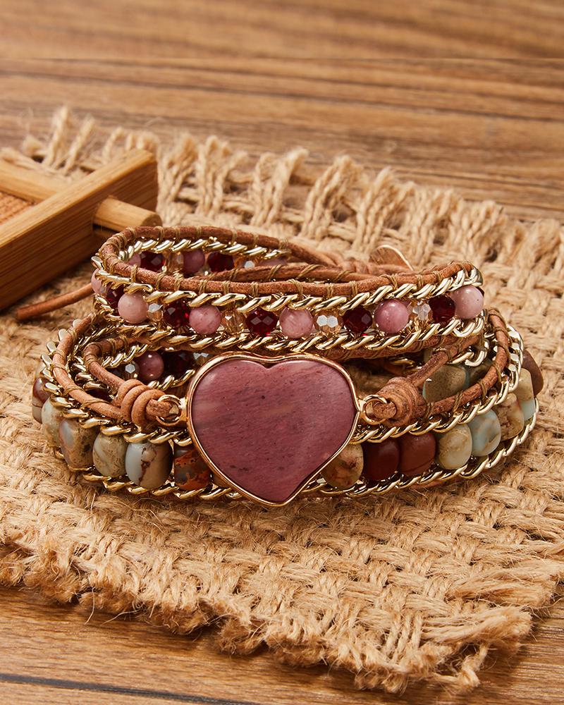 

1pc Tribal Heart Crystal Stone Beaded Multi-layer Bracelet, Multicolor