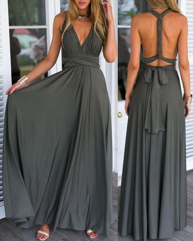 

Backless Plunge Tied Detail Flared Maxi Dress, Army green