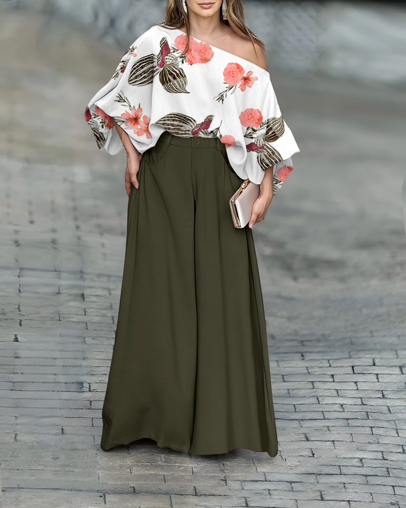 

2 Pieces Outfit French Style Floral Print Skew Neck Batwing Sleeve Stretchy Hem Top and Zipper Fly Elastic Back Waist Wide Leg Pants Set Casual Loose Fit Set, Green