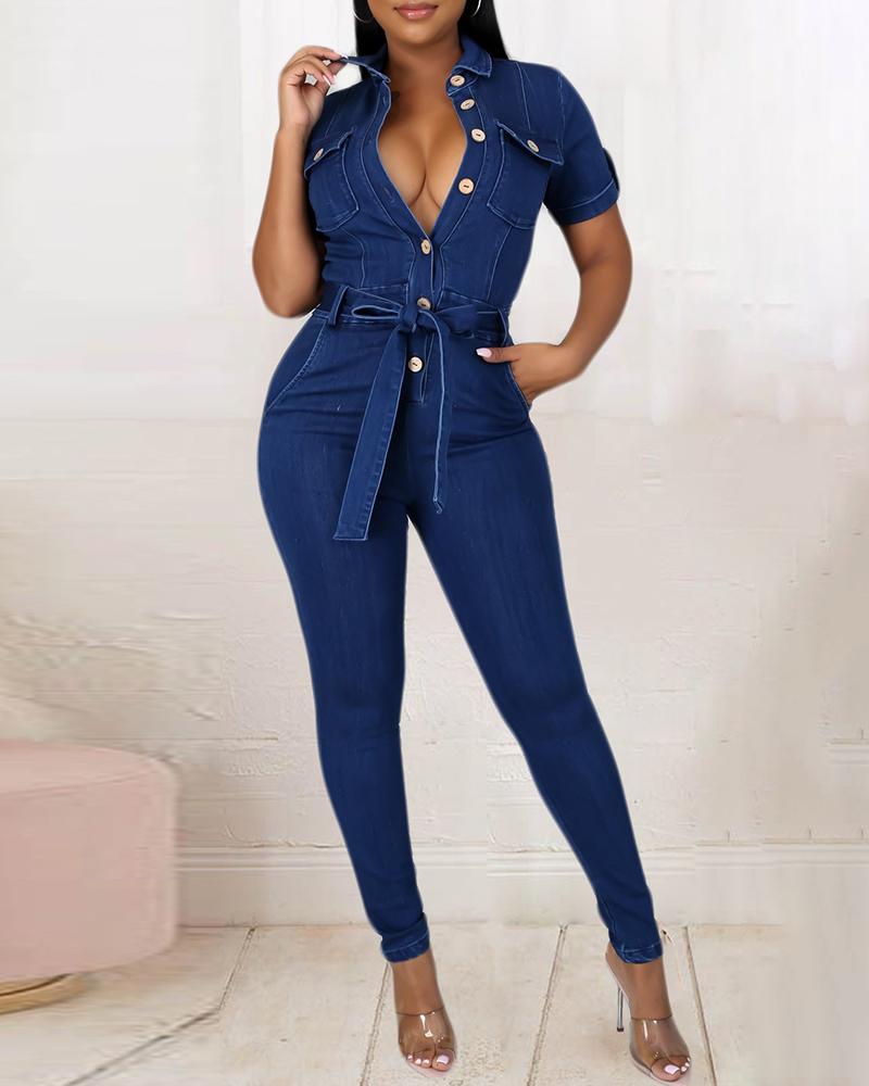 

Buttoned Pocket Design Skinny Denim Jumpsuit With Belt, Blue