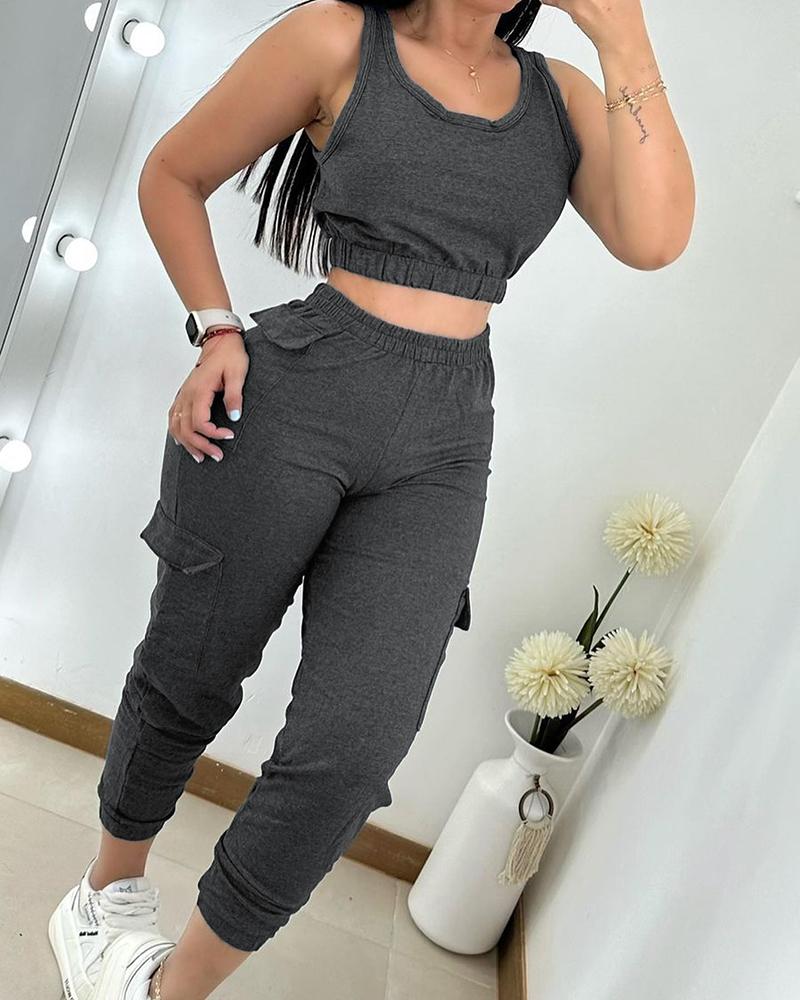 

U-Neck Crop Tank Top & Pocket Design Pants Set, Gray