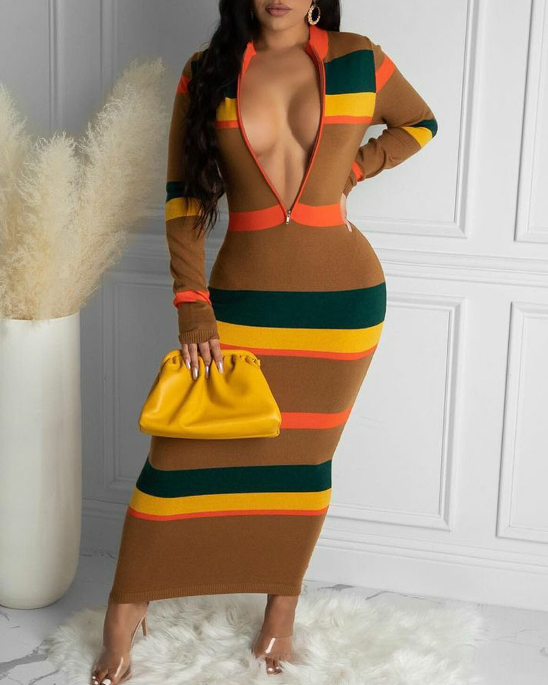 

Colorblock Striped Zipper Front Long Sleeve Knitted Maxi Dress, Khaki