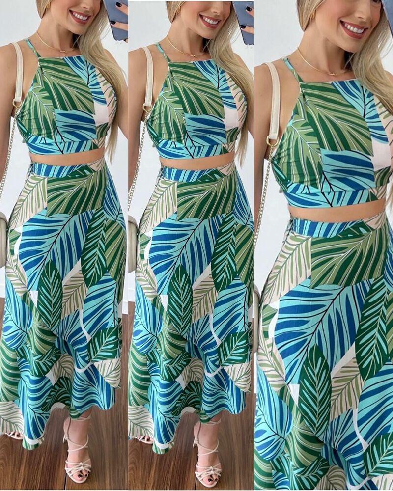 

Tropical Print Crop Top & Skirt Set, Green