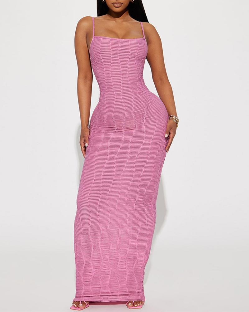 

U-Neck Textured Spaghetti Strap Maxi Dress, Pink