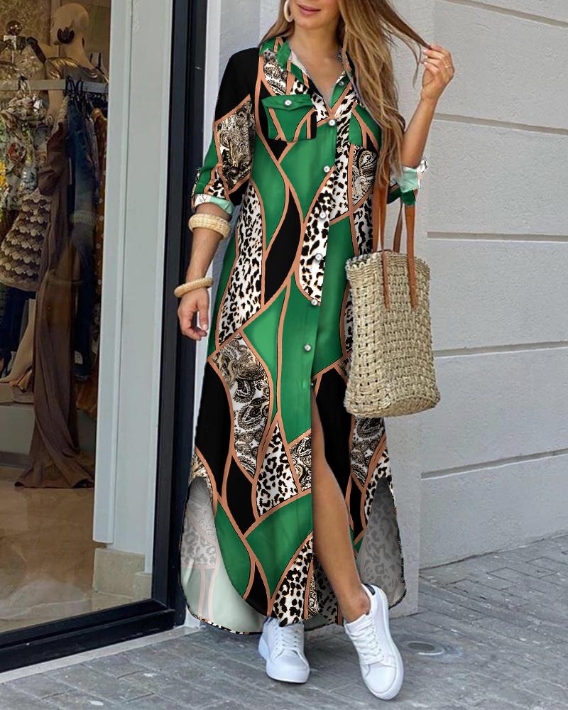

Baroque Leopard Print Buttoned Shirt Dress, Green