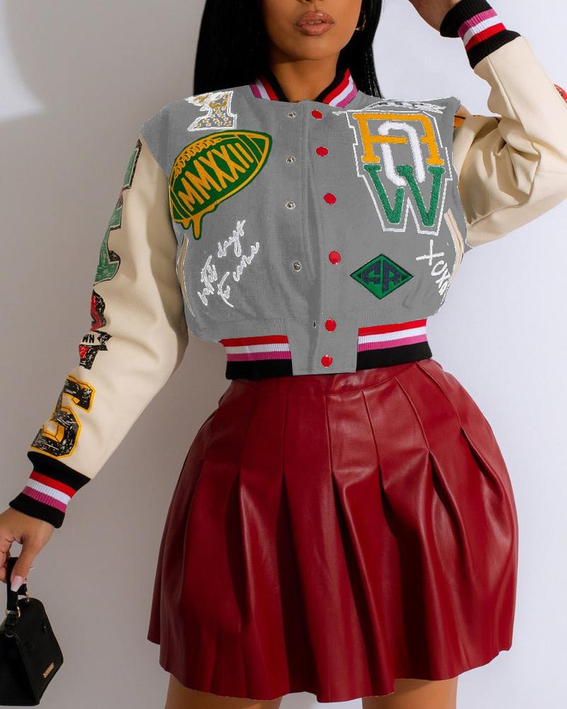 

Letter Print Button Front Long Sleeve Bomber Jacket, Gray