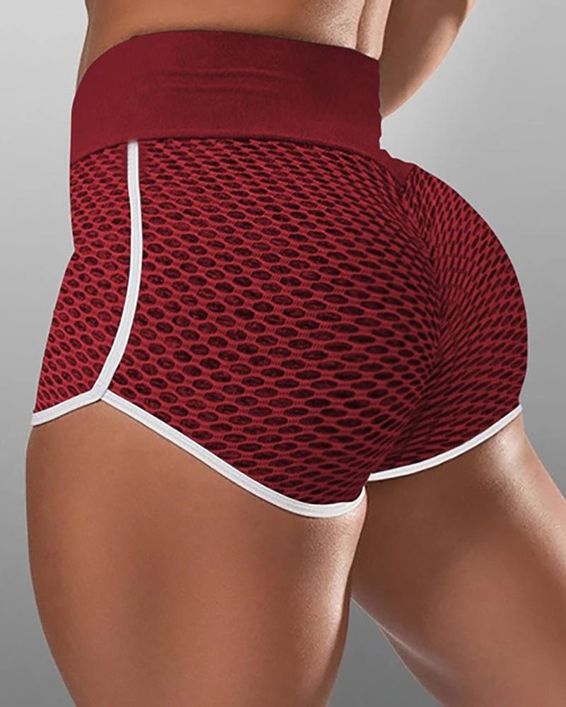 

High Waist Contrast Binding Textured Yoga Shorts, Wine red