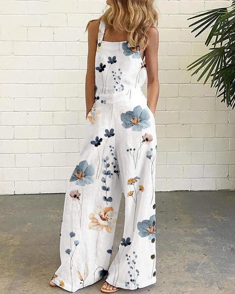 

Floral Print Wide Leg Suspender Jumpsuit, White