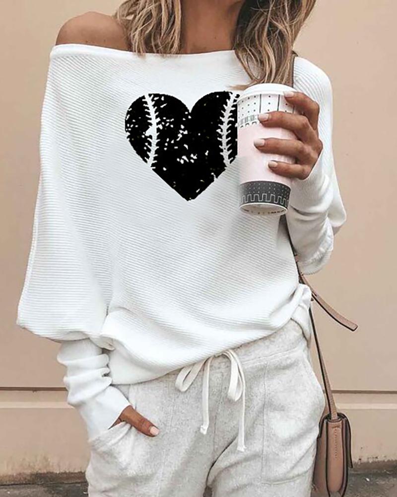 Ribbed Long Sleeve Heart Print Top