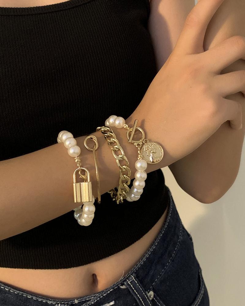 

Alloy Multi-layer OT Buckle Lock With Pearl Bracelet, Gold