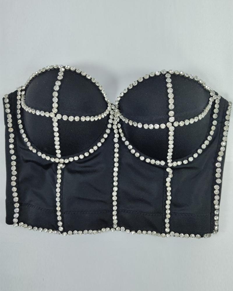 

Rhinestone Decor Spaghetti Strap Corset Crop Top, Black