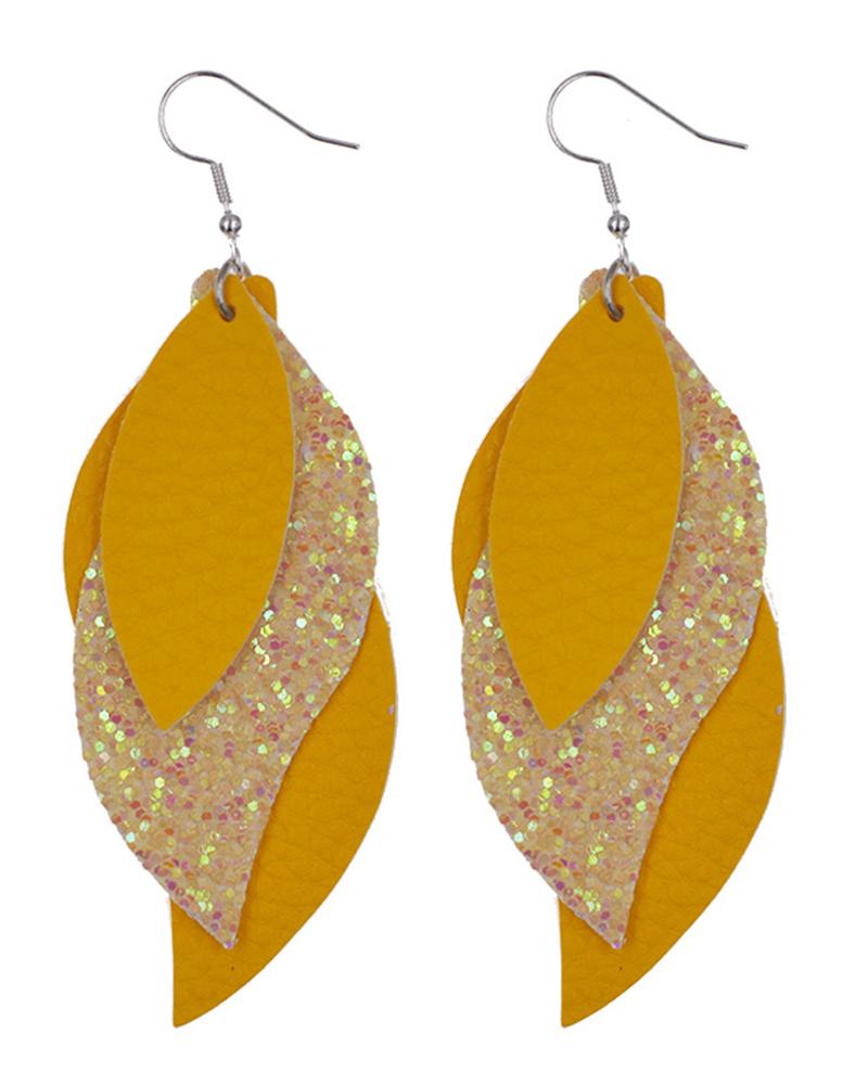 

1Pair Sequined Leaf-Shaped Layered Earrings, Yellow