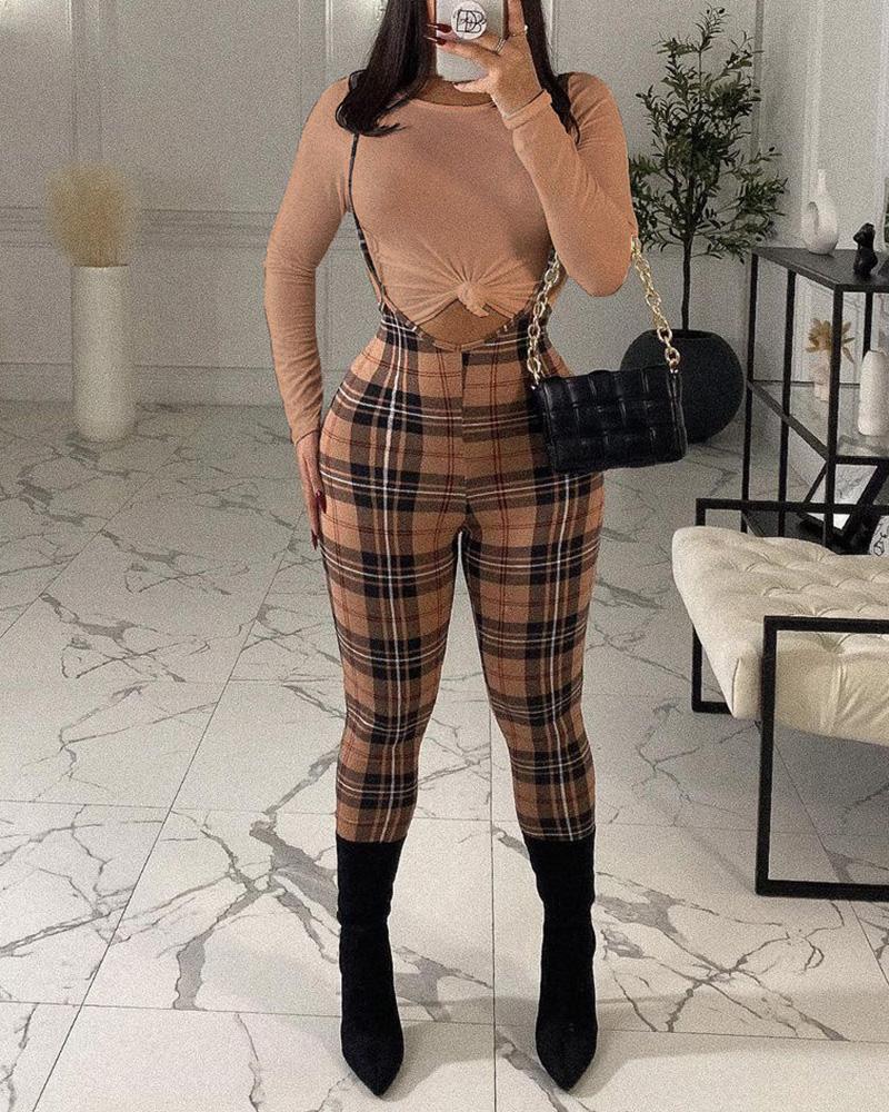 

Plaid Print Skinny Suspender Jumpsuit, Khaki