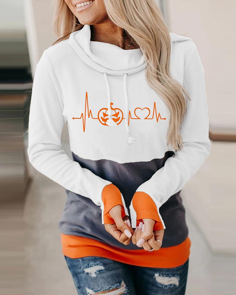 

Halloween Pumpkin Print Colorblock Long Sleeve Hooded Top, White