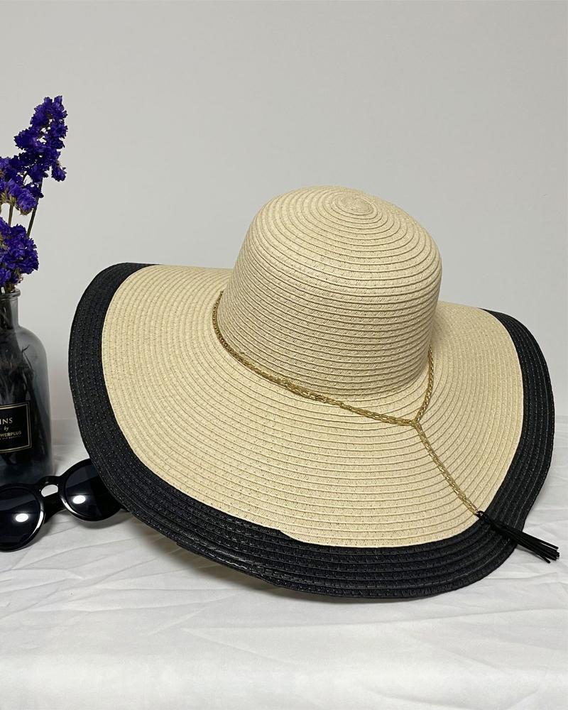 

Colorblock Chain Decor Straw Hat, Beige