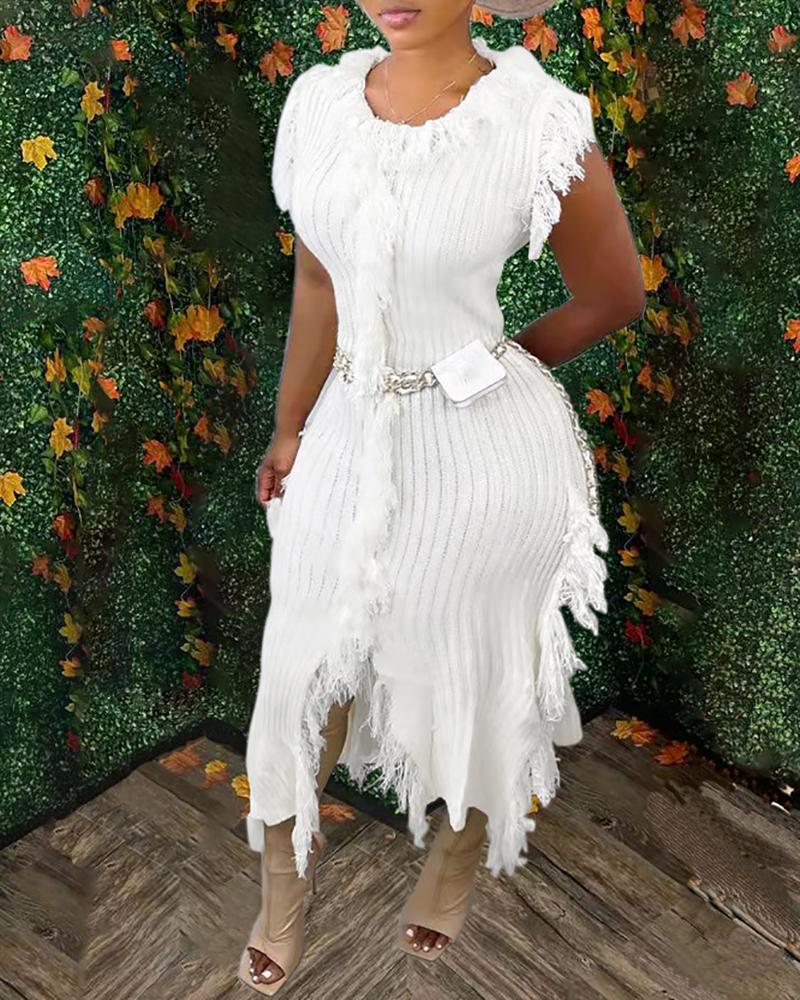 

Tassel Design Sleeveless Slit Casual Dress, White