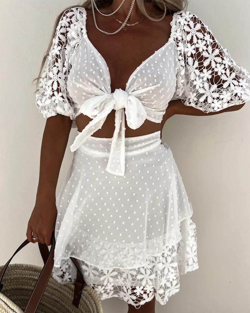 

Swiss Dot Sheer Mesh Lace Crop Top & Skirt Set, White