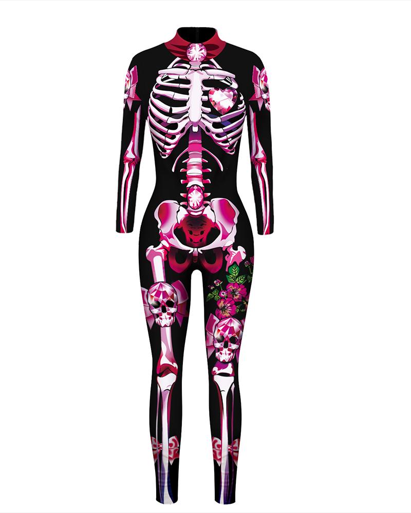 

Skull Skeleton Print Zip Back Halloween Costume Jumpsuit, Style4