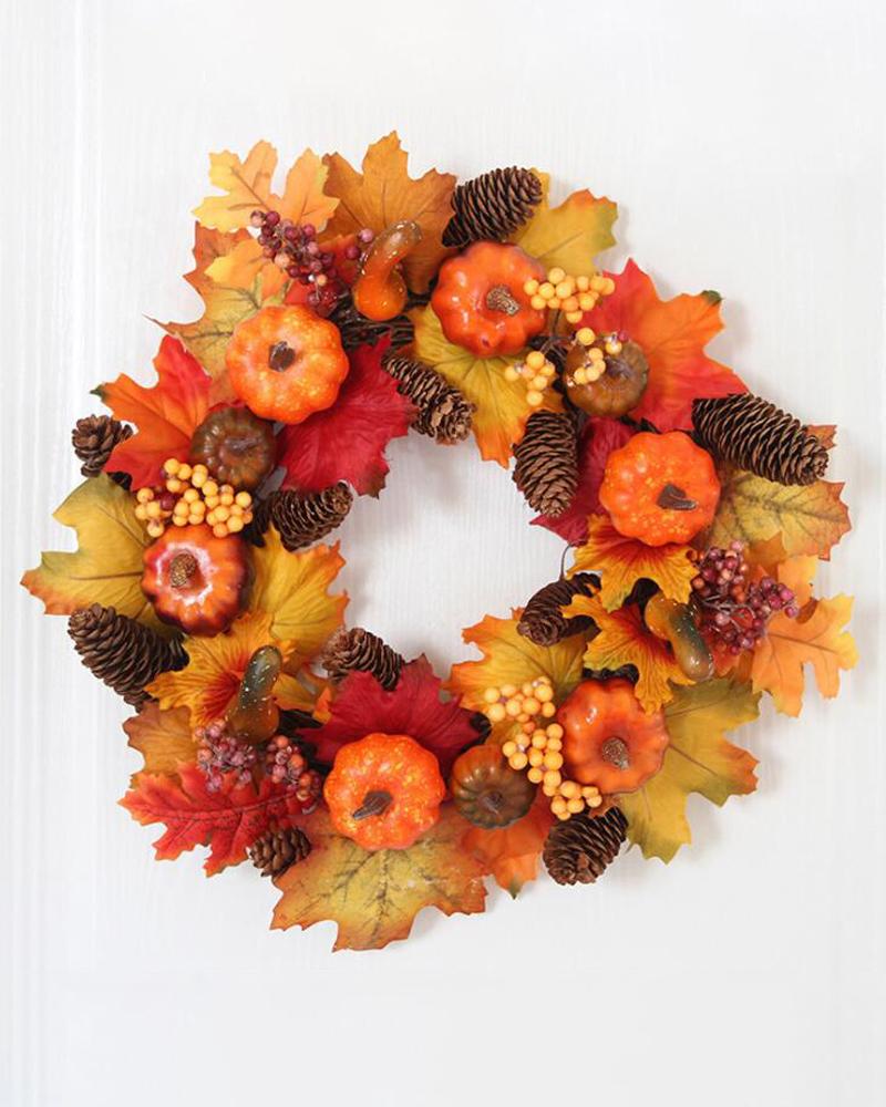 

Fall Wreath Autumn Harvest Wreaths With Maple Leaf Pumpkin Garland For Front Door Halloween Thanksgiving Festival Decoration, Style1