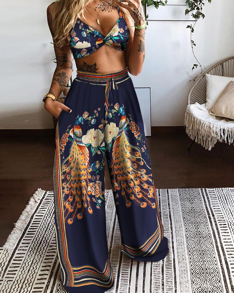 

Floral Peacock Print Twisted Front Crop Top & Wide Leg Pants Set, Purplish blue