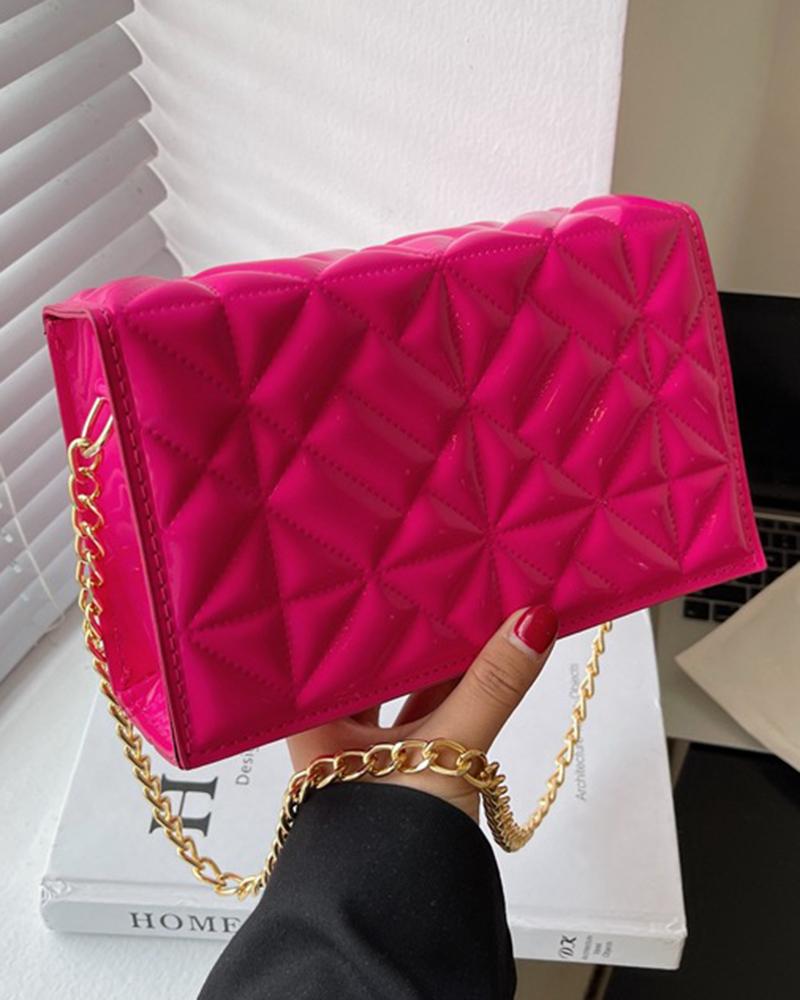 

Metallic Quilted Chain Strap Flap Shoulder Bag, Hot pink