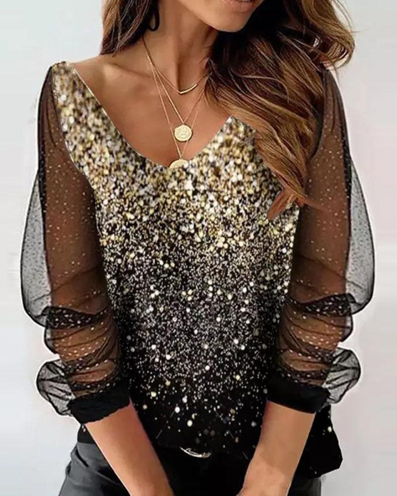 

Contrast Mesh Long Sleeve Print Top, Black