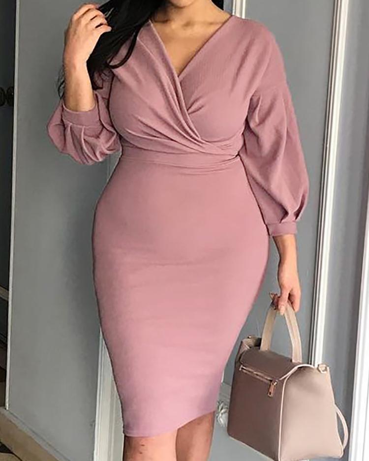 

Lantern Sleeve Ruched Bodycon Dress, Rose red