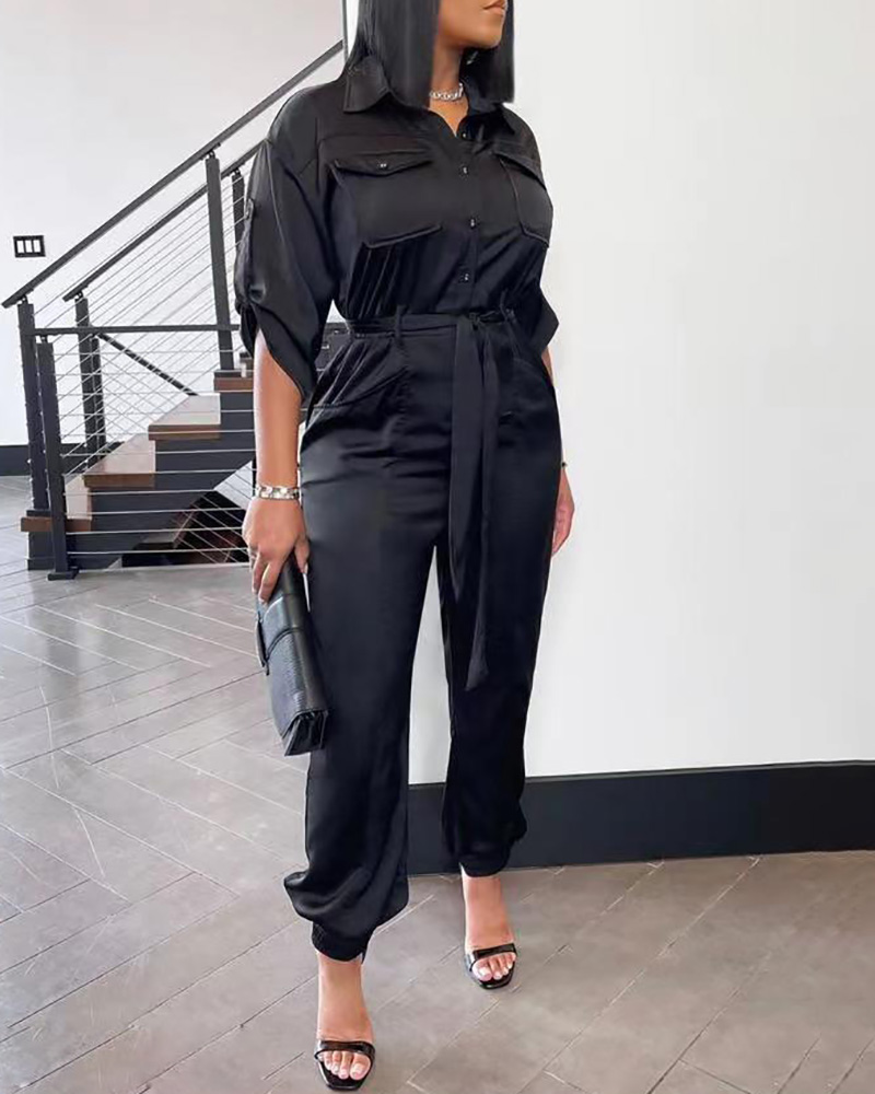 

Button Pocket Design Tied Detail Jumpsuit, Black