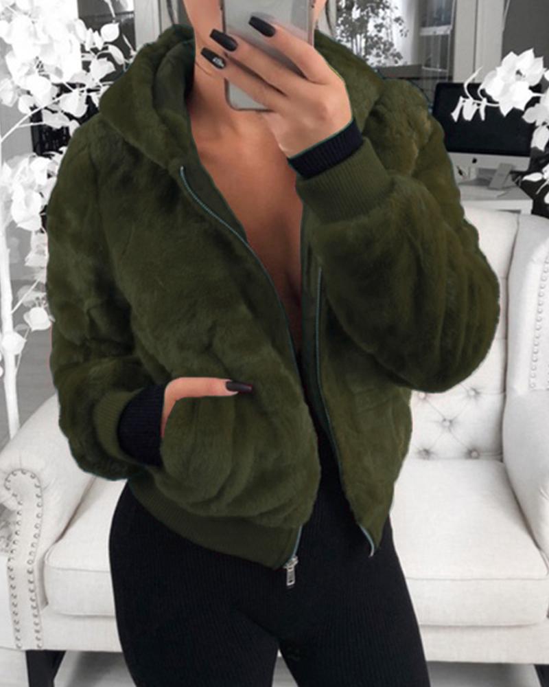 

Faux Fur Zipper Pocket Design Coat, Green